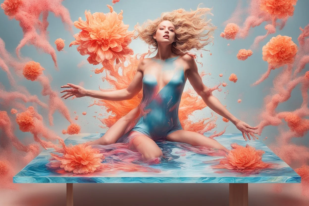 Image capturing the fantastical scene you described, with a central female figure surrounded by an explosion of floral and fluid elements, mixing hyperrealism with a touch of surrealism. The vibrant colors and dynamic movement create an immersive and energetic composition. Image is inside an ice cube on a coffee table.