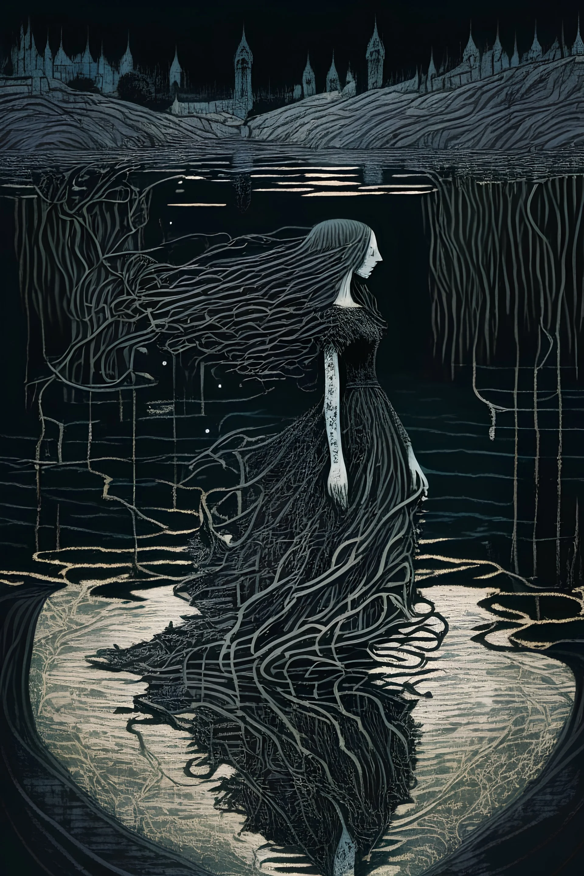 A ghostly apparition of a woman floating in the still waters of a dark lake, surrounded by a desolate gothic landscape. The woman's hair and dress flow around her as if suspended in time. The intricate details are reminiscent of gothic art, with intricate patterns etched into the decaying architecture surrounding the lake's edge. ((The overall color scheme is very dark and shadowy, with hints of purples and blues to create an eerie atmosphere.))