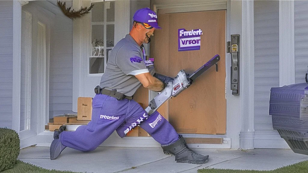 fedex driver with a chainsaw at the front door