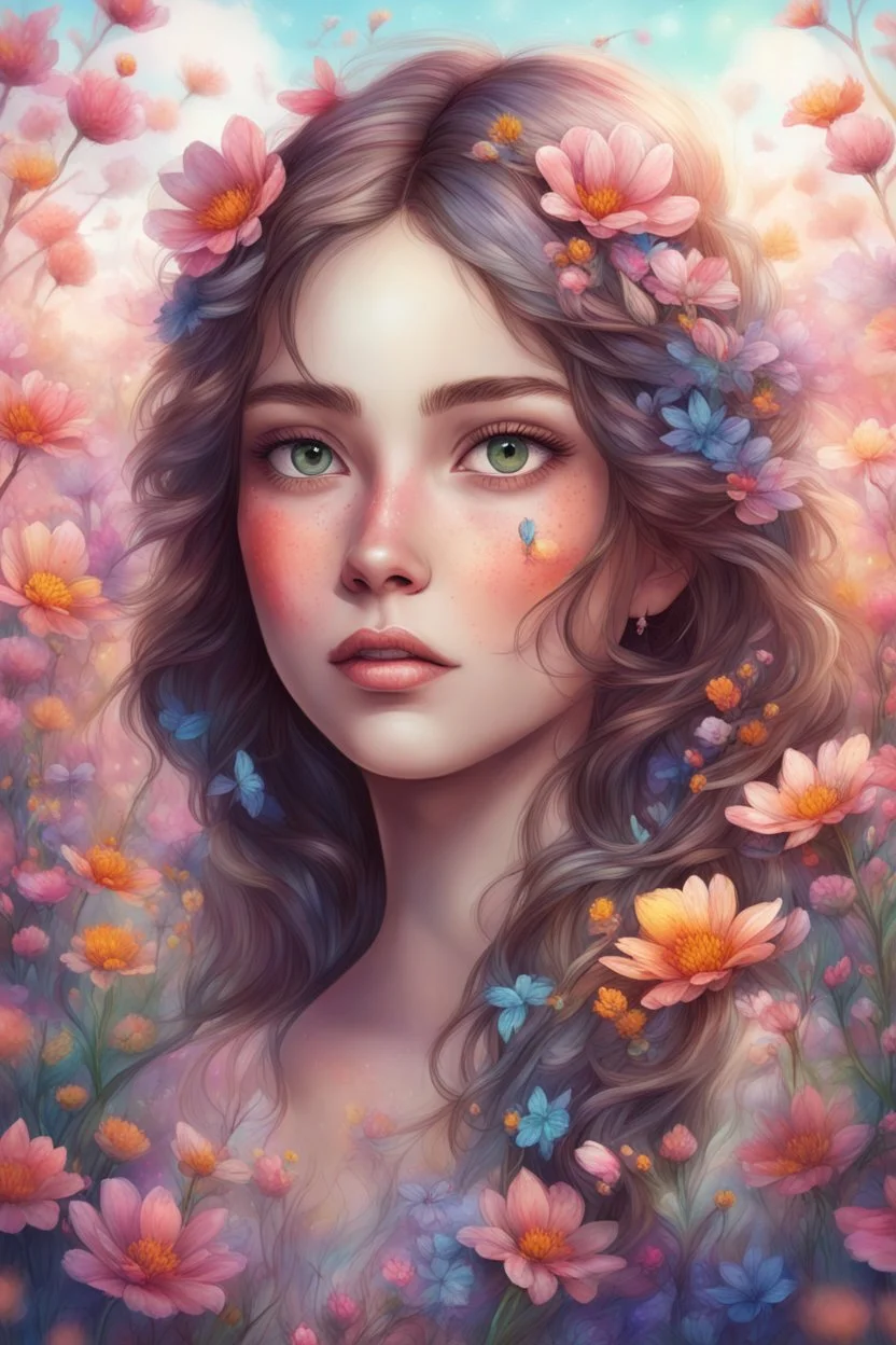 In a meadow of blossoms, she stands so fair, A girl of beauty, nature's love affair, highly detailed, pretty face, fantasy art, digital art, colored ink, 4k, vibrant colors, dream, correct face structure, correct anatomy