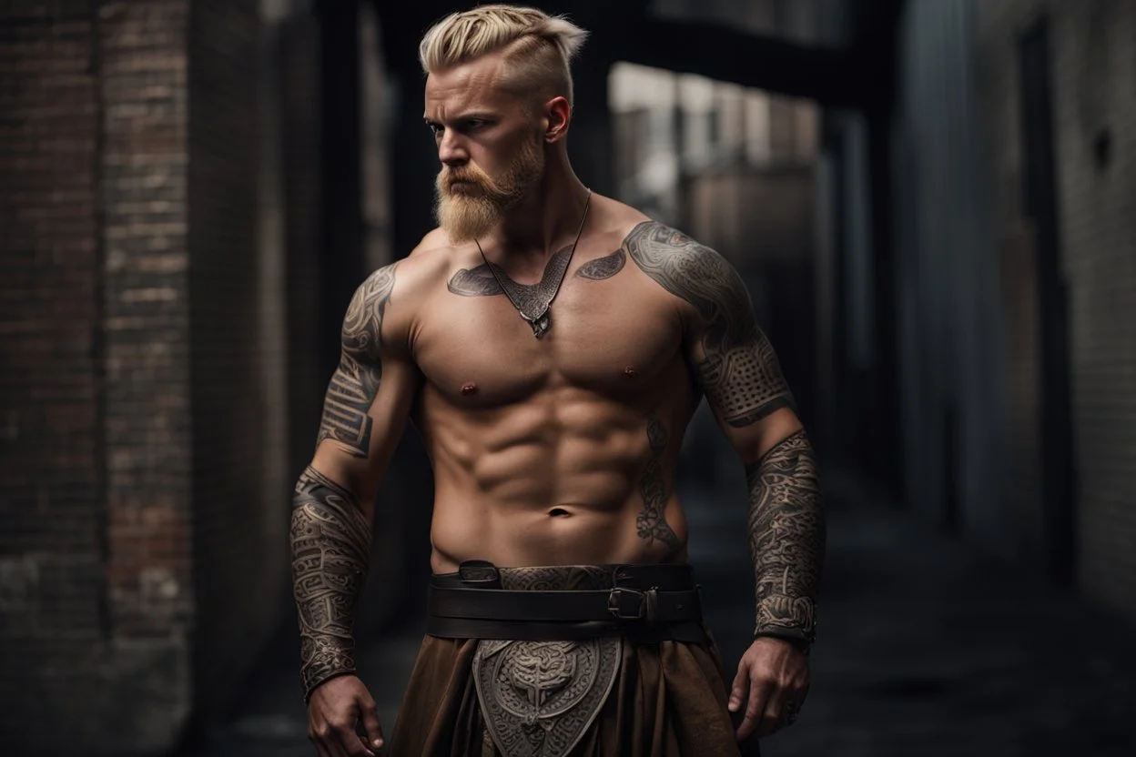 photorealistic portait of henry cavell as viking with blonde undercut tribal tattoos modern fantasy dark cityscape