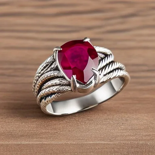 ruby signet ring with braided tungsten and titanium, braided band, brushed steel, men's jewellery