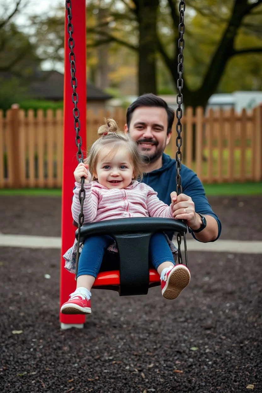 a 40 year old dad in the playground with his young 3 year old daughter playing on the swing but the dad is distracted by all the other kids curvy mums and loses control