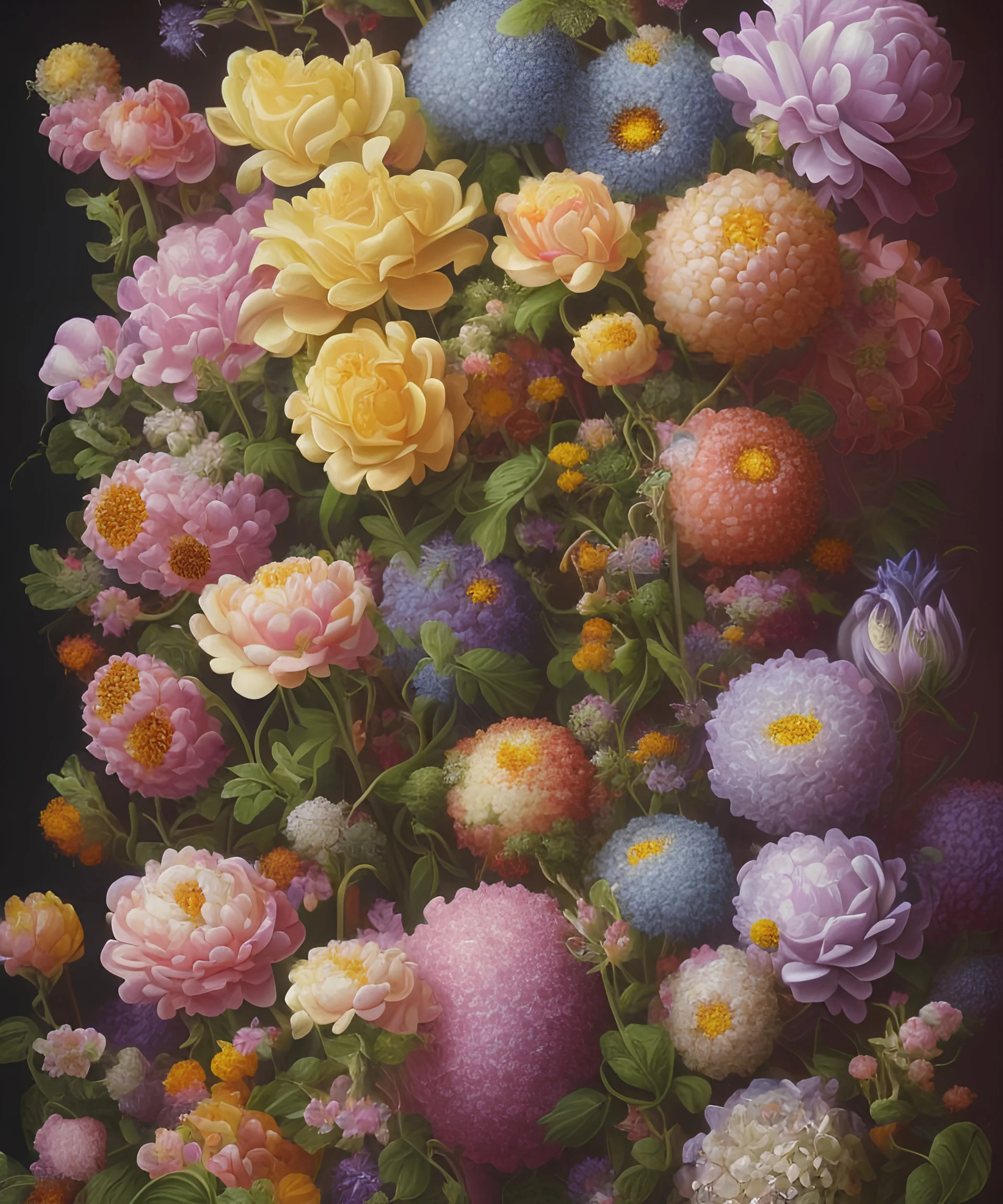 fantasy flowers, still life, multicolor, style by Catherine Abel, by Stephen Gibb, by Earnst Haeckel, by Naoto Hattori, highly detailed, sharp focus, elegant, ultra reallistic, intricate, oil on canvas, beautiful, high detail, crisp quality, colorful