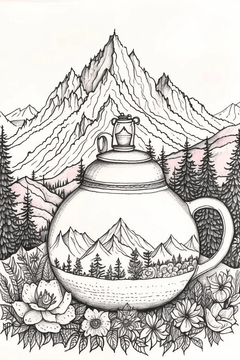 Cozy vibes drawing art tea pot, garden inside tea pot, mountain range in background