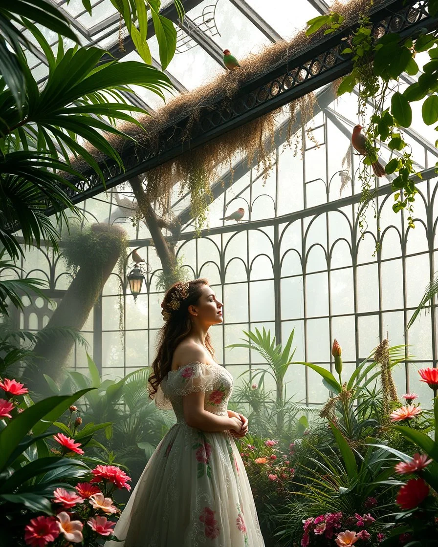Victorian greenhouse overtaken by jungle, exotic birds nesting in iron rafters, morning mist, lost paradise atmosphere,a pretty model lady as queen wlking in flowers