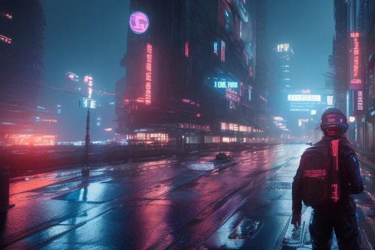 3D, beautiful, light reflecting, empty city at night, rainy night, neon, cyberpunk, tron, person with helmet walking