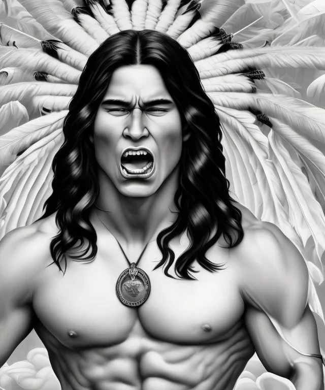 native american warrior, long black hair, big muscles, face up, mouth wide open, scream face, shirtless, looking to the sky