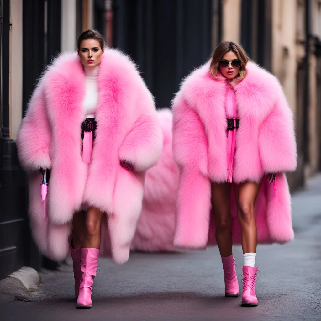 two high end pink fluffy fur supdermodels pose in the shadows of the street with pink fluffy fur bloody weapons