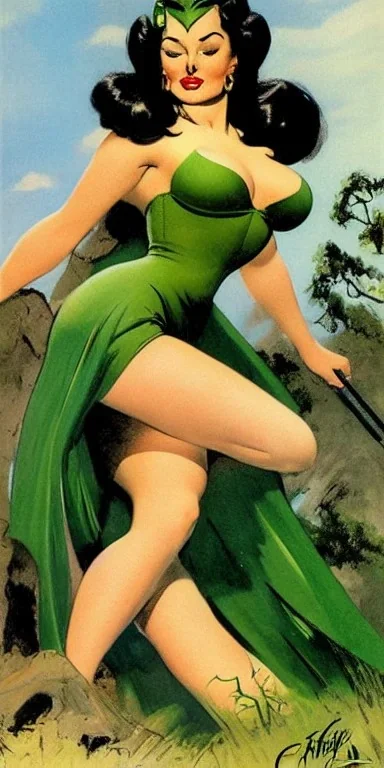 Green skin Martain Pin-Up Lady by Frank Frazetta, full body and face can be seen, detailed face, detailed body