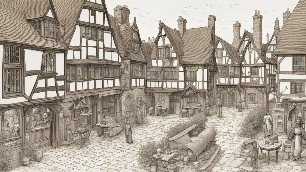 A Paved Courtyard, With Tudor Gothic Houses, Tall Chimneys, Crooked Roofs, a small stream, People, Shops,