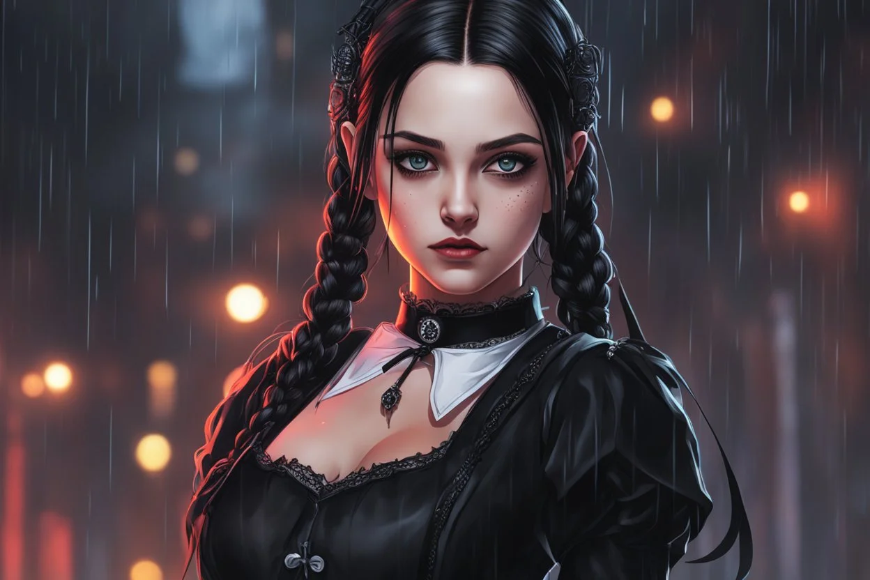 Hot wednesday addams in 8k realistic anime drawing style, Gothic them, neon effect, close picture, rain, highly detailed, high details, detailed portrait, masterpiece,ultra detailed, ultra quality