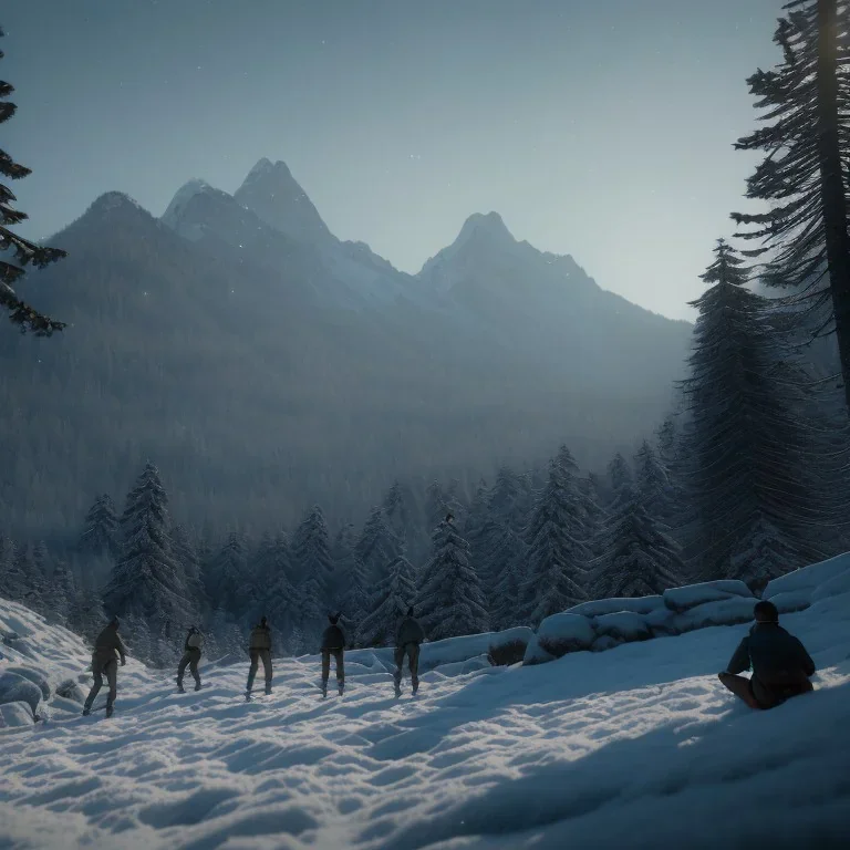 Five people hunting in a snowy forest, sense of fear, mountain hut in the background, Alps, night, 8k, HD, cinematography, photorealistic, Cinematic, Color Grading, Ultra-Wide Angle, Depth of Field, hyper-detailed, beautifully color-coded, insane details, intricate details, beautifully color graded, Cinematic, Color Grading, Editorial Photography, Depth of Field, DOF, Tilt Blur, White Balance, 32k, Super-Resolution, Megapixel, ProPhoto RGB, VR, Halfrear Lighting, Backlight, Natural Lighting