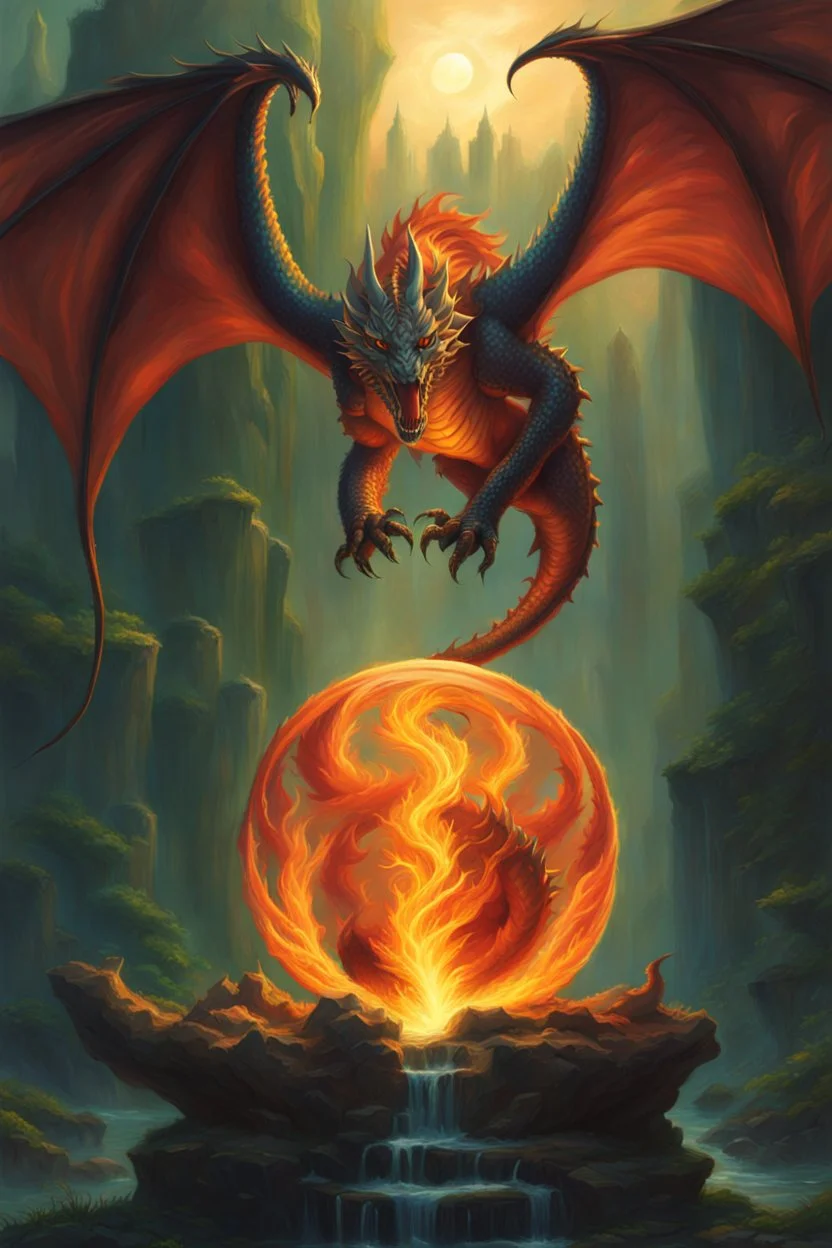 magic orb full of dragon fire. dragon with huge cloned wings. perfectly drawn claws. fantasy setting. concept art, intricately detailed, color depth, dramatic, colorful background. painted by Julie Bell