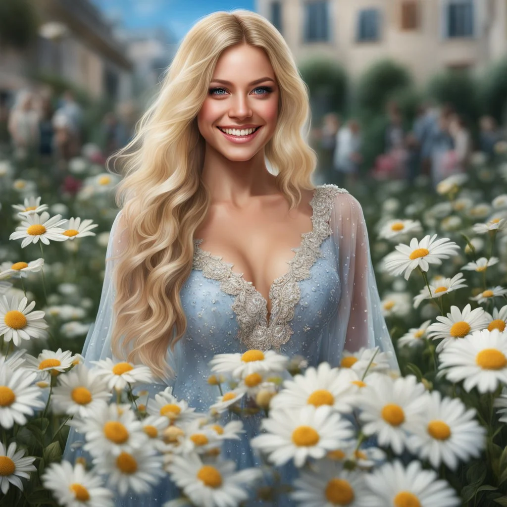 (best quality, 4k, 8k, highres, masterpiece:1.2), ultra-detailed, (realistic, photorealistic, photo-realistic:1.37),hyper realistic, full body gorgeous smiling 1woman,long hair,looking at viewer,realistic proportions,blue eyes,hair ornament,transparent top dress,very long hair,flower,blonde hair,parted lips,necklace,white dress,blonde hair,lips,blurry pastel background,freckles,realistic,head wreath, pink flower,realistic portrait, dreamy fantasy landscape countryside,great pespective,crystal