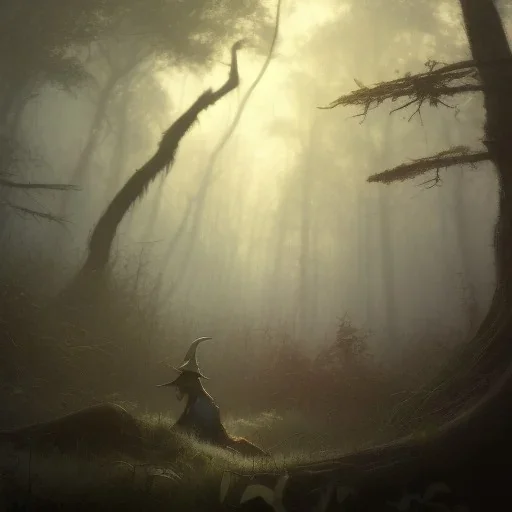 franz frazetta style, witch lurking in the forest clearing, dusk