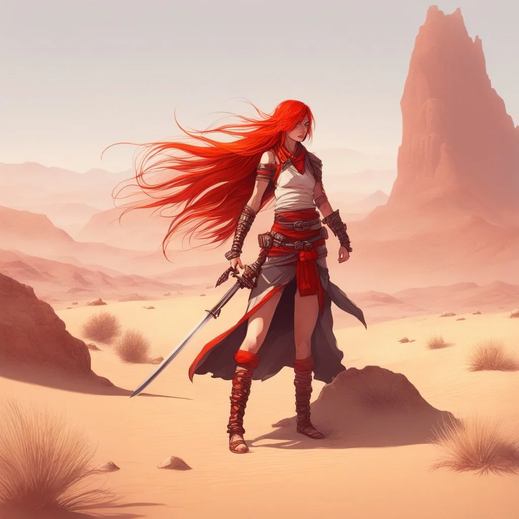 Girl samurai redhead in a desert valley, flame sword