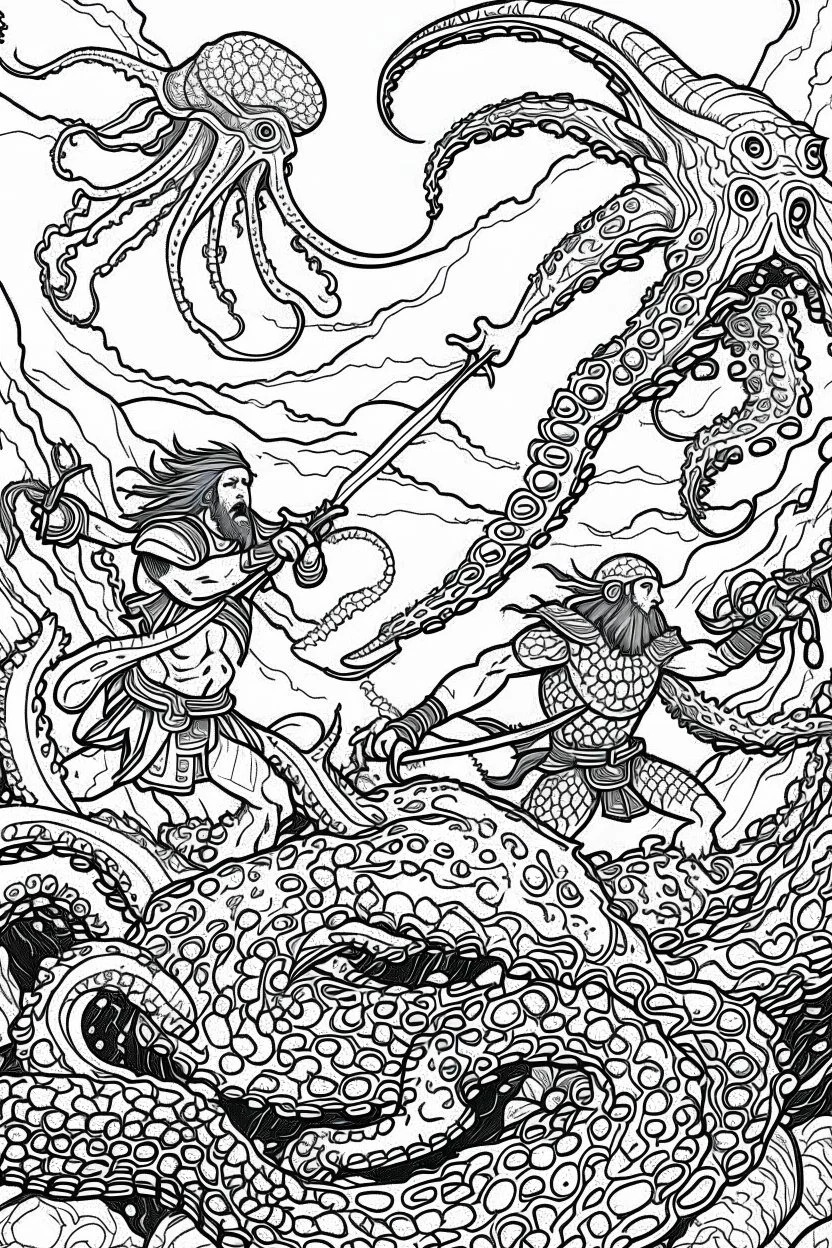 coloring pages for kids, 3 beatifull merman warriors fighting against a big octopus underwater, 8k, hyperdetailed, cinematic, 3d render, photo. cartoon style, thick lines, low detail, black and white, no shading, --ar 85:110