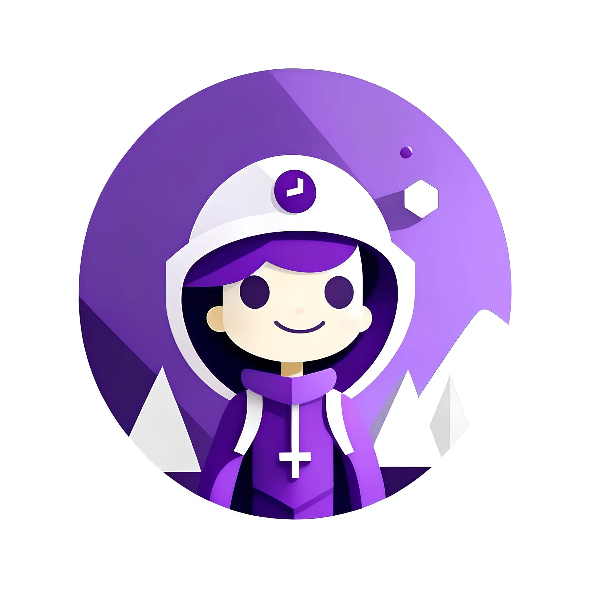 Make me the image of a litte purple character, UI, UX, make the design as minimal and geometrical as possible, soft, with a white background, logo, reflecting the different aspects of the personality described below: ISFP (Adventurer) is a personality type with the Introverted, Observant, Feeling, and Prospecting traits. They tend to have open minds, approaching life, new experiences, and people with grounded warmth. Their ability to stay in the moment helps them uncover exciting potentials.