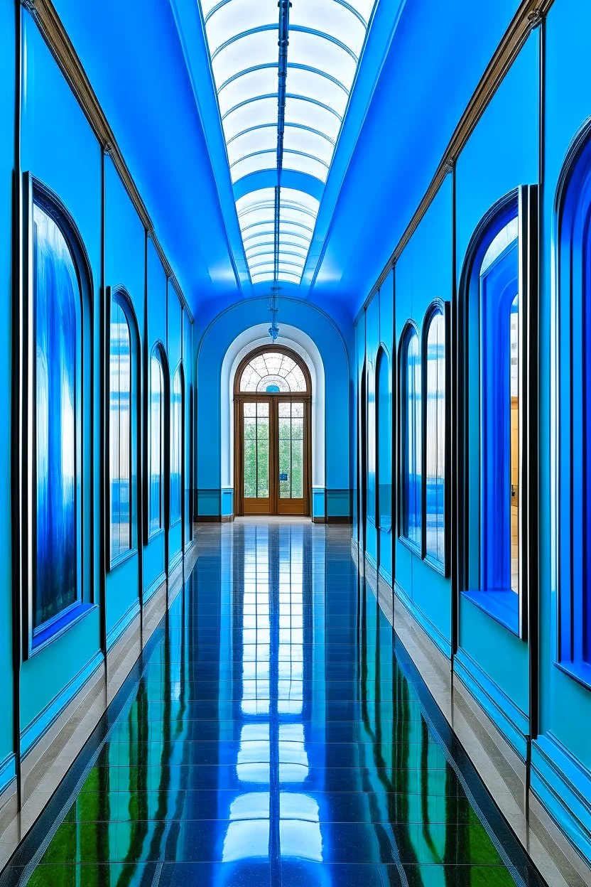 An exhibition of paintings whose walls are in the shape of an oval and made of blue glass and its floor is light with a wall in the middle of the hall to divide it into two parts with a corridor at the beginning and end of the wall