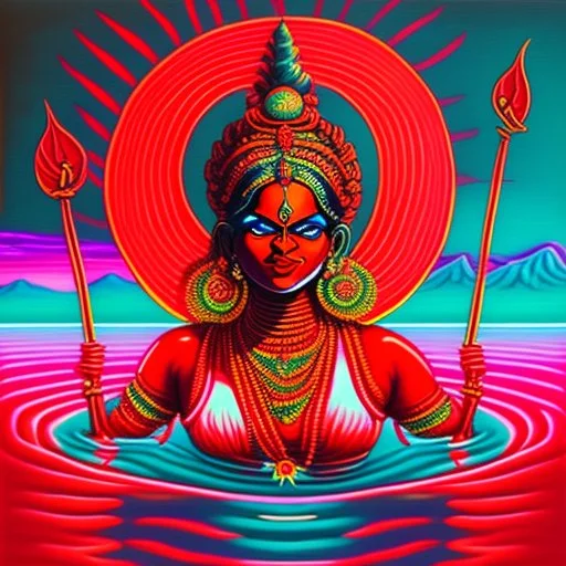 An oil painting of goddess Kali crossing a lake, neon red colors