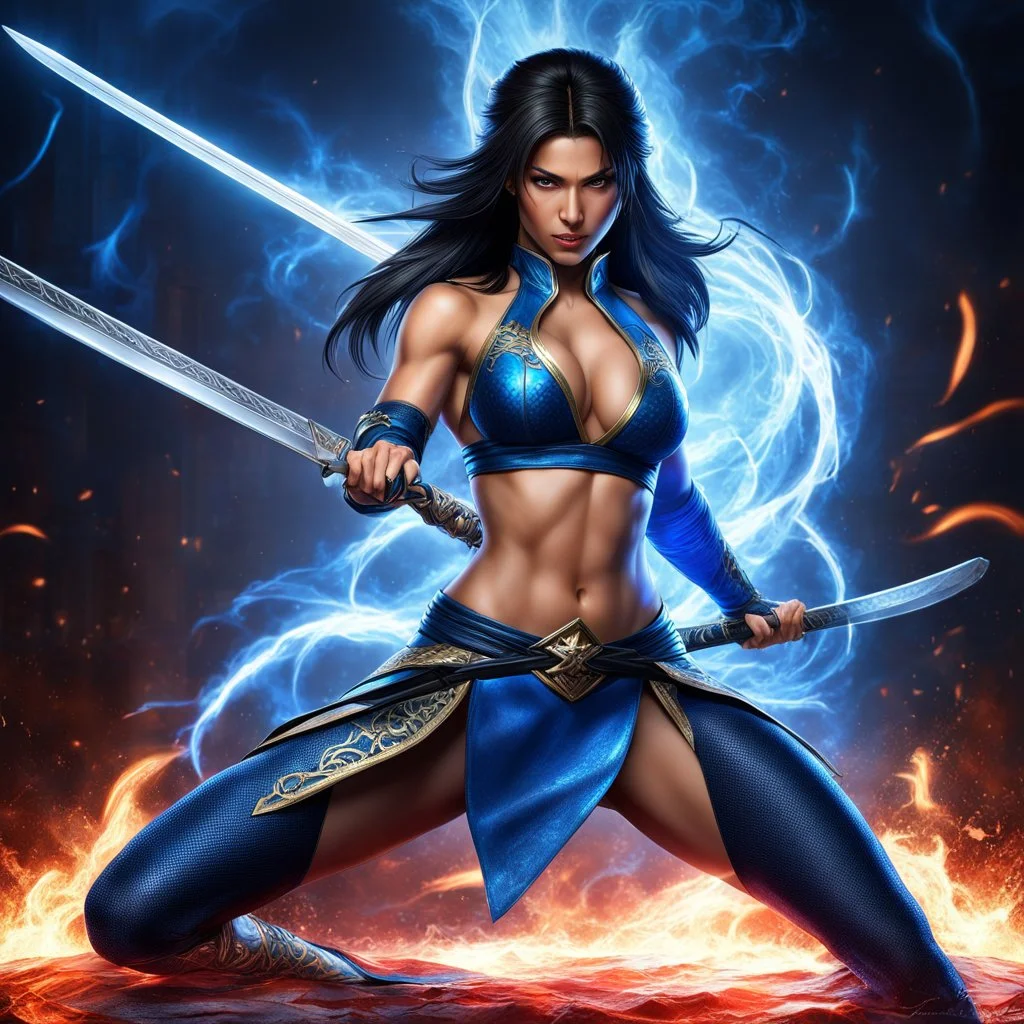 Fhoto full body, reality, Raw, kitana vs Liu kang, super magic storm, mortal combat, sword, sexy killer, digital art, intricate details, powerful composition, captivating, , trending on artstation, sharp focus, studio photo, intricate details, highly detailed, by addiedigi