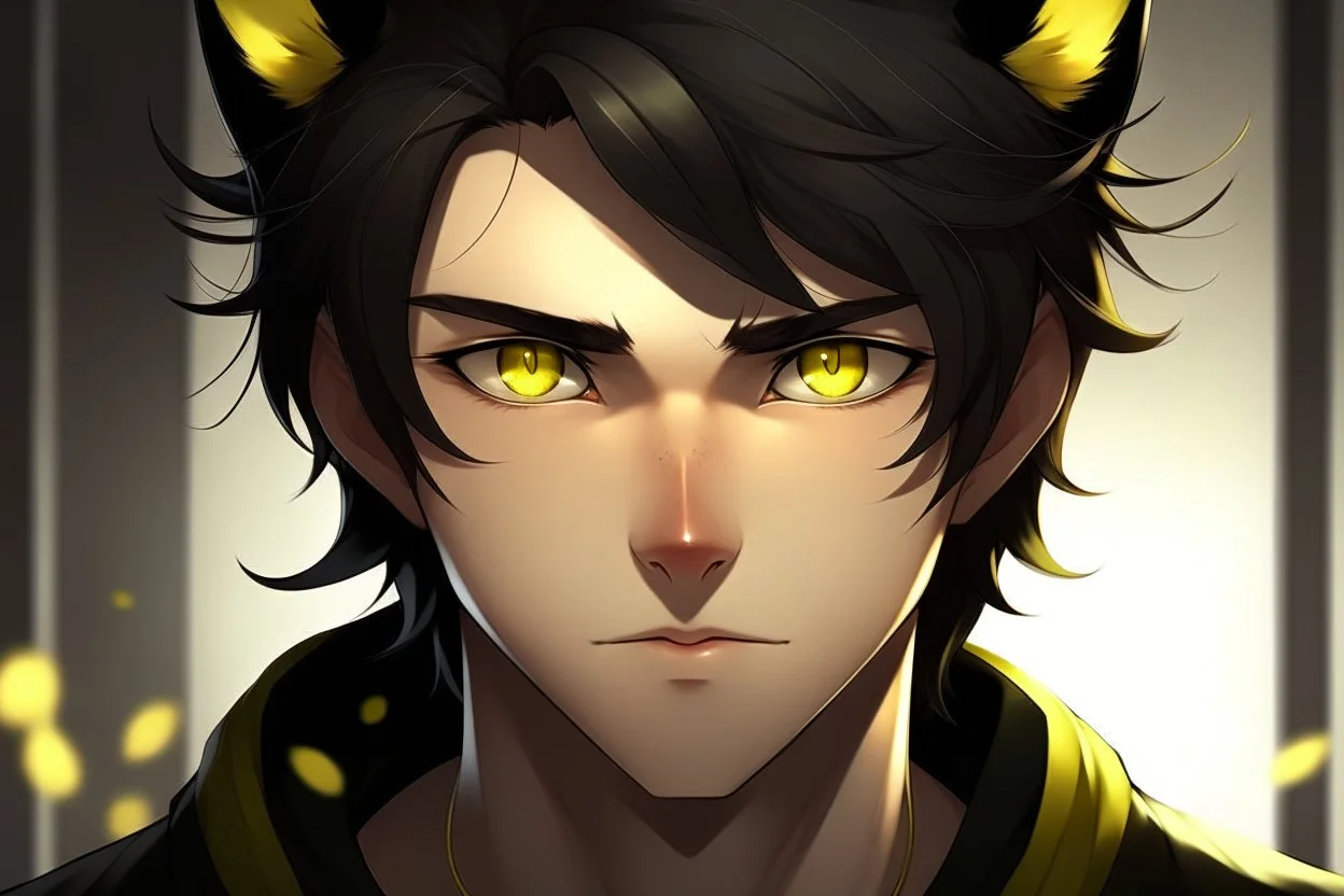 A young adult male with messy black hair, gold eyes, black cat ears, realistic, slight smile