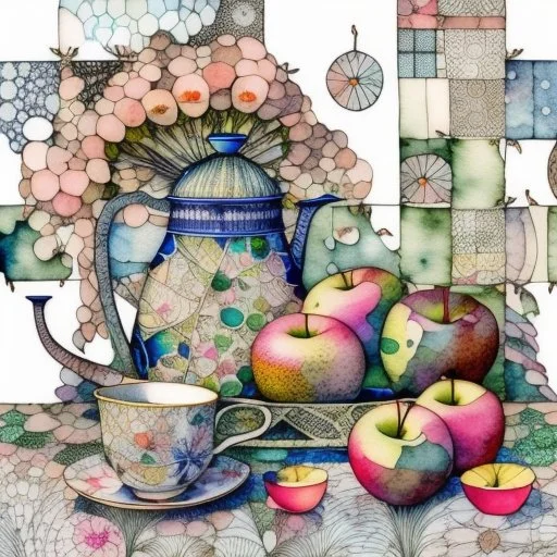 Watercolour and ink patchwork in the style of Jamie Heiden, Walter Crane, Yayoi Kusama, Ivan Shiskin, John Atkinson Grimshaw: zentangle cute whimsical watercolor Still life with apples on a porcelain plate and a teapot crisp quality, ultra detailed, elegant, fantastical, surreal, watercolor and pen, beautiful high definition fine 3D line art, white and grey and red dreamy colours, extremely detailed, intricate, elaborate, HDR, award winning, expressionism, fantastic view, ethereal, fantasy, unsi