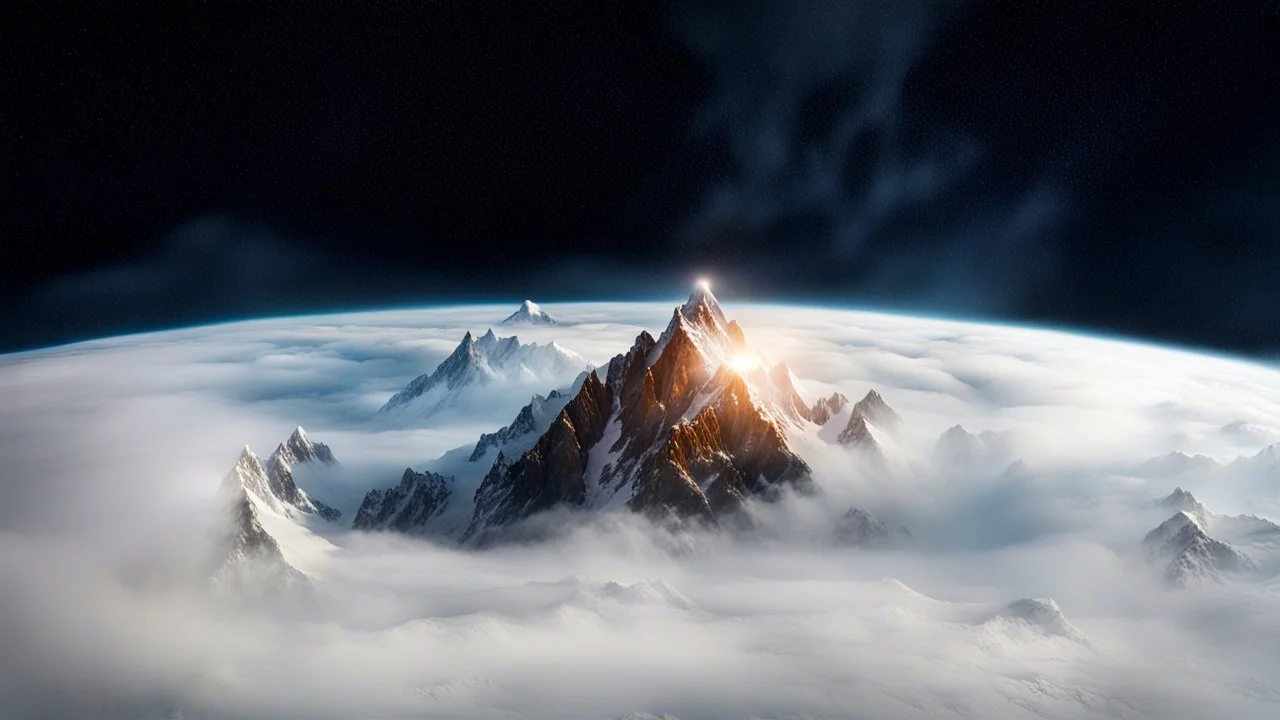 breathtaking, surreal landscape featuring a single colossal, jagged mountain peak with patches of snow and ice, dramatically rising above a swirling sea of fluffy white clouds. The mountain should be the focal point, its rocky surface illuminated by a soft, golden light as if kissed by the first rays of dawn or the last glow of twilight. Surrounding the peak, the clouds should appear dense yet ethereal, with wisps of mist curling around the mountain's base, creating a sense of elevation