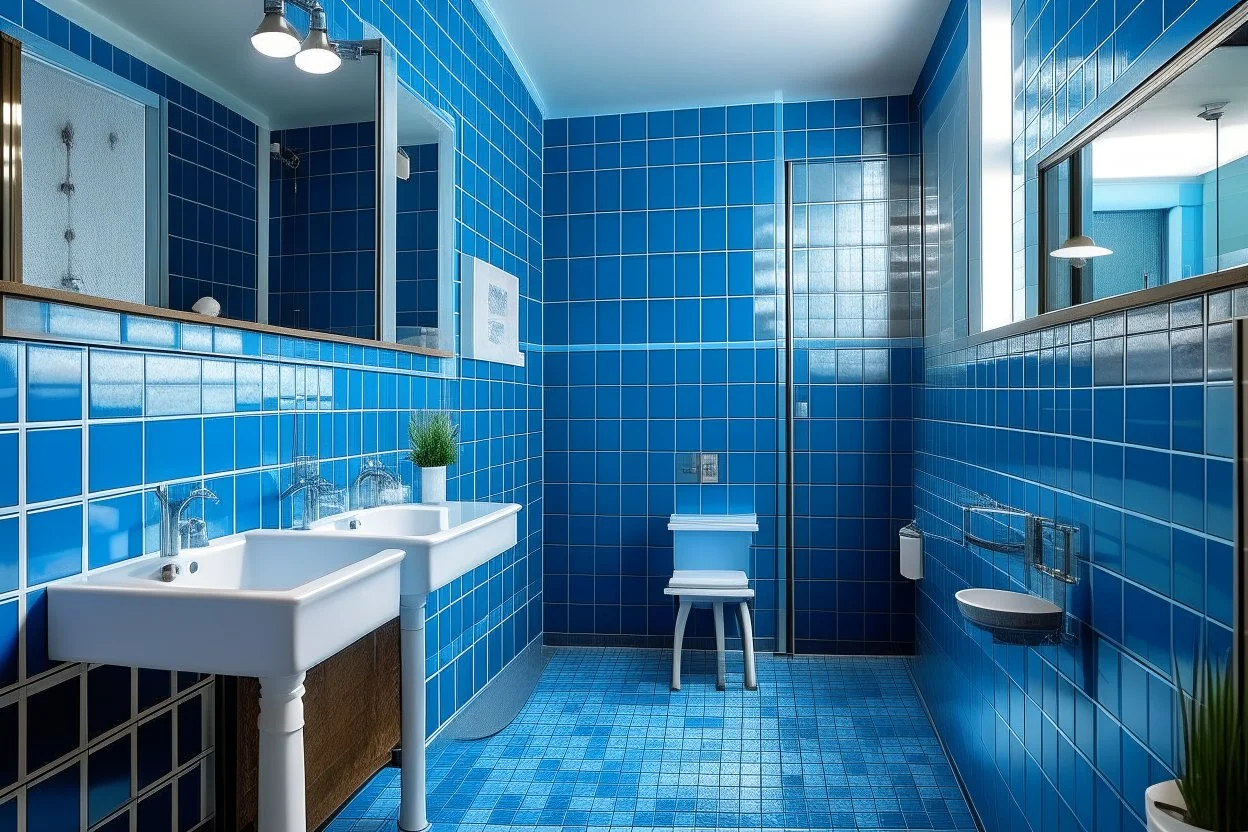 Pictures of bathrooms in a restaurant where the walls and floors are colored in shades of blue and white