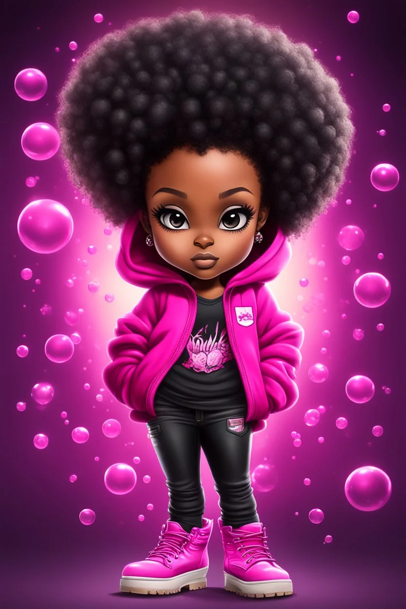 Create an airbrush illustration of a chibi cartoon black female thick curvy wearing a cut of hot pink hoodie and black jeans and timberland boots. Prominent make up with long lashes and hazel eyes. Highly detailed shiny black curly afro hair. Background of a large bubbles all around her 2k