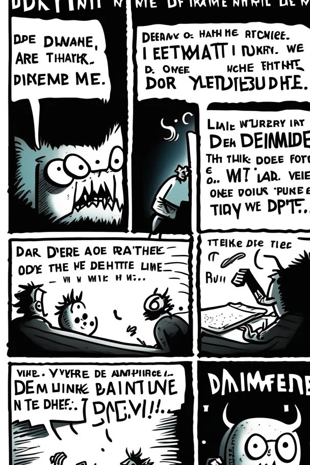 Deadline. Another damn deadline. What amazes you most is that you haven't become a hack. Pressure. The constant pressure. Keep those worlds coming. The weirder the better. It gets worse every year. They always want something new. Bigger monsters. Stronger heroes. You dig deeper into my dreams. You feel it, you know... whatever I draw... You know you can stop it... You won't stop it. You live through your dreams. You escape. They