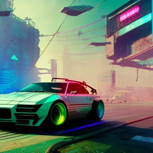 cyberpunk car,cyberpunk 2077, ultra realistic,shiny, smooth, studio quality, octane render, Surrealism, Triadic colour scheme,glow-stick, ambient lighting,nightclub lighting, polaroid, 100mm