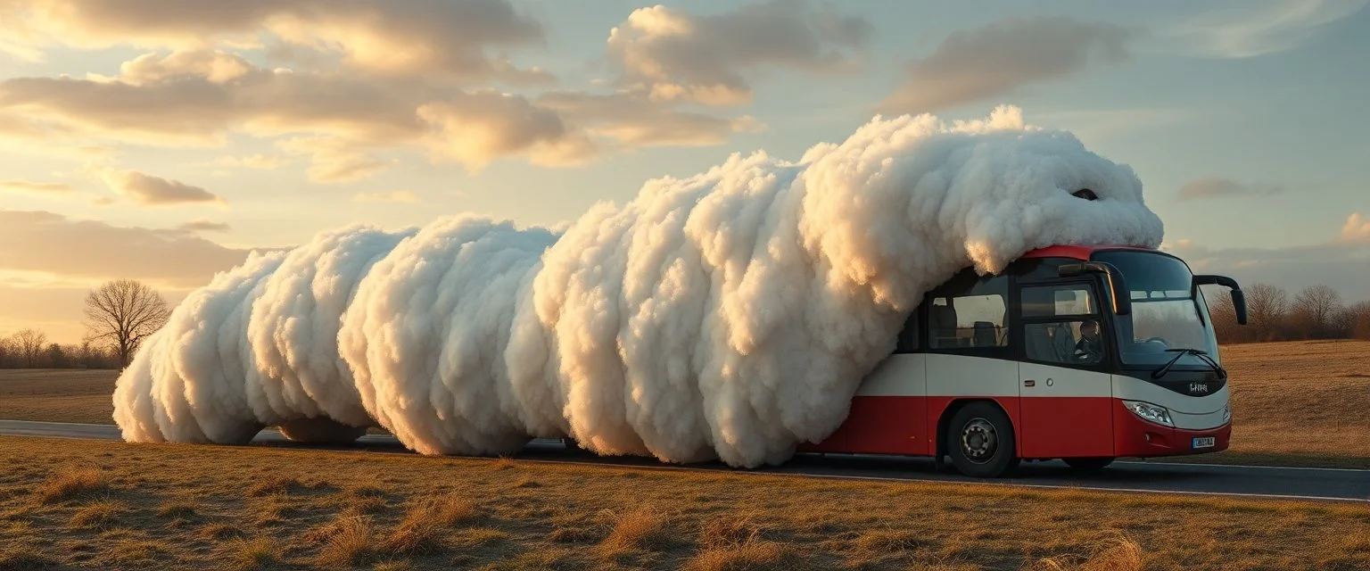 long fluffy slinky cloud snake with a sheeps head bus