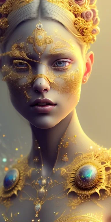 ultradetailed beautiful portrait painting of love Aphordite with short flowing golden hair and sharp piercing gaze of deep grey eyes, alluring beauty, smiley lip, wearing jewels, roses, ultra ornate, gold leaf deatils, wearing white dress, by conrad roset, greg rutkowski and artgerm, trending on artstation