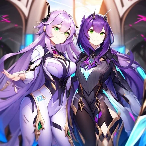 Clear focus,High resolution,High quality, Smiling, Purple long fluffy hair, Green eyes, Wearing a pink mech uniform, Honkai Impact Star Rail