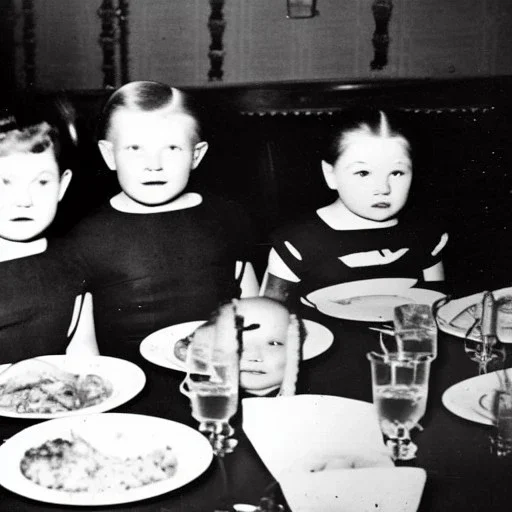 Creepy old photo of ginger alien people sitting at dinner with weird children