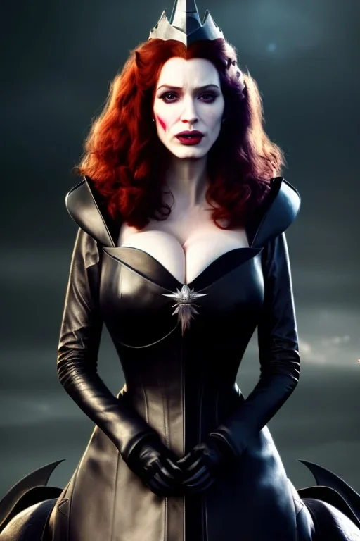 christina hendricks as evil queen in black leather gown on a horse, angry, stern look, volumetric lighting, particales,highly detailed,cinematic, deep colours,8