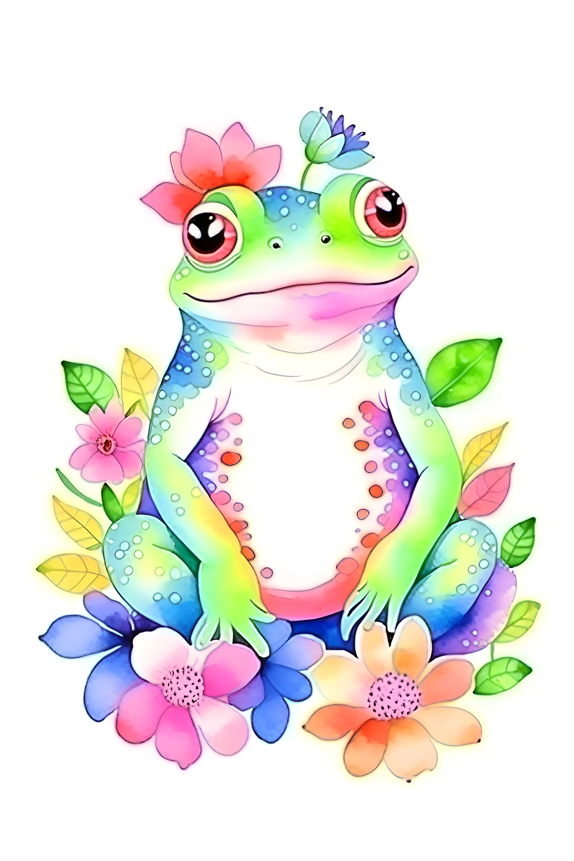 Watercolor cute frog with flowers in pastel soft colors