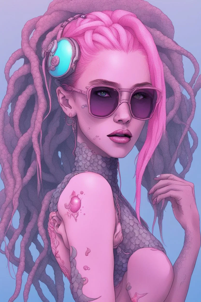 entire body mermaid cyberpunk some fish scales on face pink hair dreadlock sunglasses