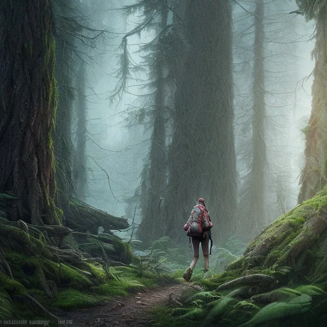 female hiker with backpack walking in the woods, alone, beautiful, stunning, solitude, 8k resolution, high-quality, fine-detail, intricate, digital art, detailed matte, volumetric lighting, dynamic lighting, brian froud, howard lyon, selina french, annie stokes, lisa parker, greg rutowski, alphonse mucha