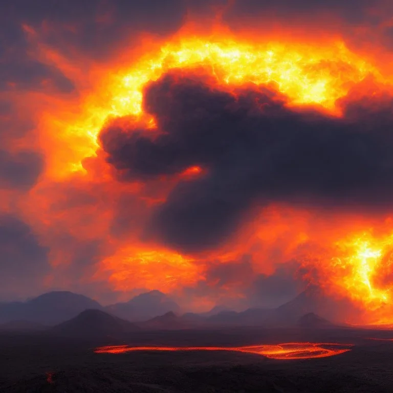 red cloudy dark sky, big sun, volcanic smoke rising