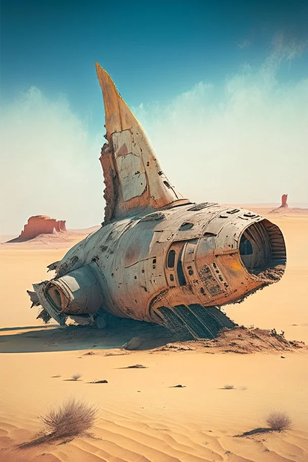 spaceship sitting on a desert plain near a ruined town