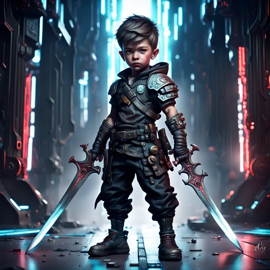 Fhoto full body, reality, Raw, little boy cute, cyberpunk god war, sword, digital art, with logo text "addie", intricate details, powerful composition, captivating, , trending on artstation, sharp focus, studio photo, intricate details, highly detailed high tech, by addie_digi