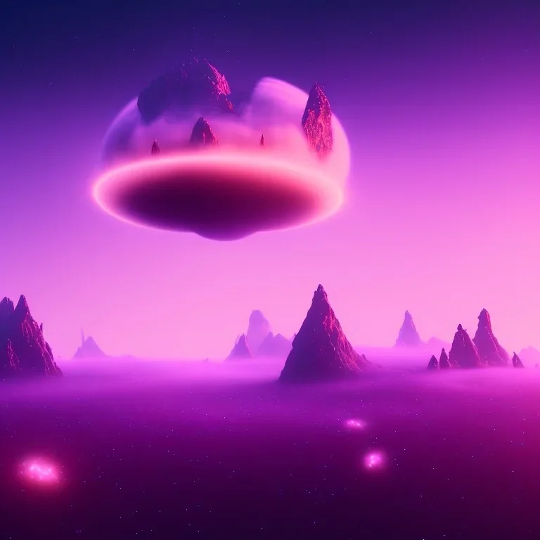 ALIENS FLOATING in the fog, spherical clouds, mountains, GLOWING, PURPLE, orange, pink, stars, TOWERS, 4K, 8K, CINEMATIC