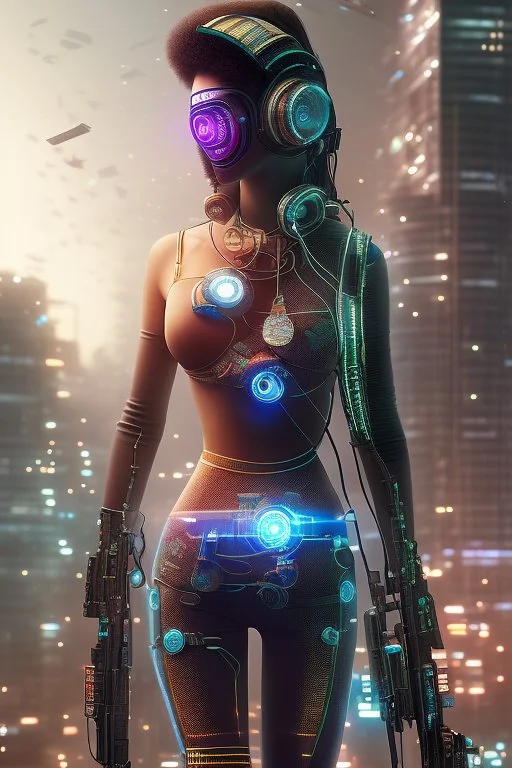 Realizza una dettagliata e ad alta risoluzione rappresentazione di un personaggio cyberpunk semi-realistico immerso in un contesto urbano, integrando senza soluzione di continuità la tecnologia avanzata con un ambiente grintoso. Immagina un protagonista che si muove attraverso le strade affollate, adornato di miglioramenti cibernetici che potenziano le sue capacità fisiche.