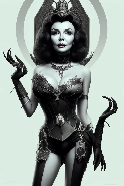 Joan Collins as evil queen in black leather, leather, busty, cleavage, angry, stern look. character design by cory loftis, fenghua zhong, ryohei hase, ismail inceoglu and ruan jia. unreal engine 5, artistic lighting, highly detailed, photorealistic, fantasy