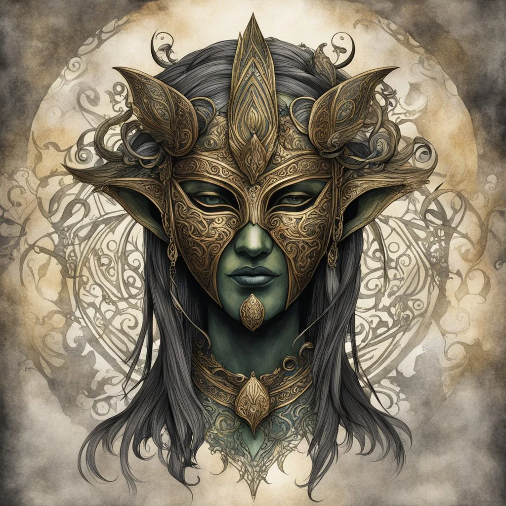 create a full color ink wash and watercolor illustration of a richly patinaed bronze female druid ceremonial mask representing Macha, utilizing historic Celtic decorative motifs, intricately detailed and sharply defined in the style of Arthur Rackham and Kay Nielsen