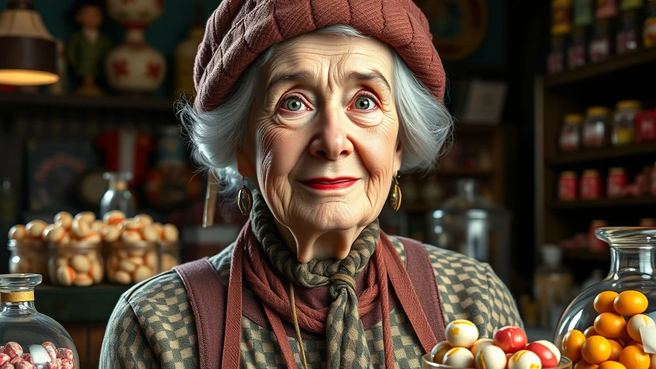 happy elderly female shopkeeper in Victorian sweet shop, old-fashioned traditional sweets and confectionery, humbugs, sherbert lemons, licquorice, boiled sweets, head and upper body, perfect eyes, exquisite composition, beautiful detailed intricate insanely detailed octane render trending on artstation, 8k artistic photography, photorealistic concept art, soft natural volumetric cinematic perfect light, chiaroscuro, award-winning photograph, masterpiece, raphael, caravaggio, greg rutkowski