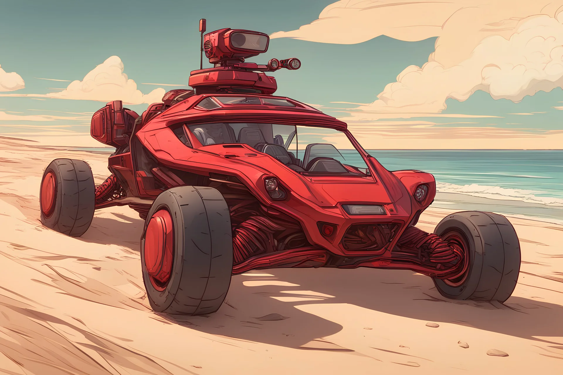 red futuristic speeding detailed cyberpunk dune buggy with a radar antenna racing along the the beach viewed from the front